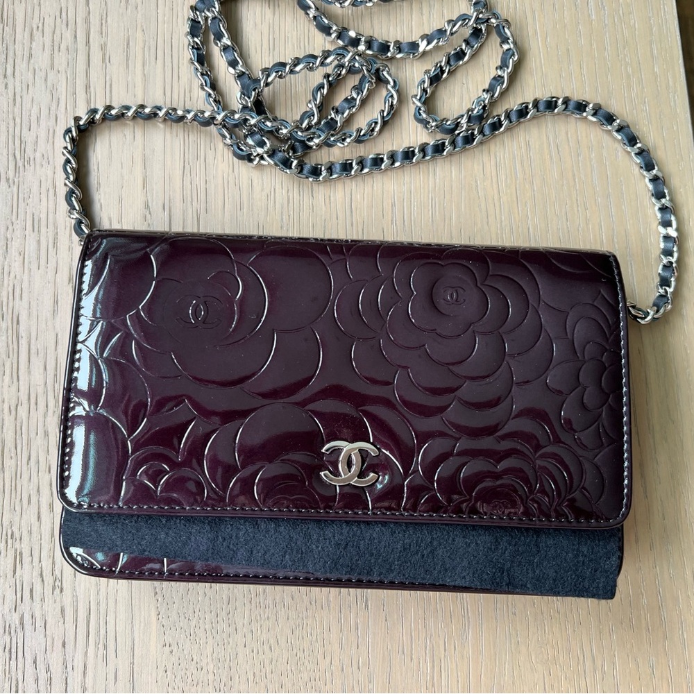 Chanel Patent Camelia WOC (wallet on chain), Dark Purple